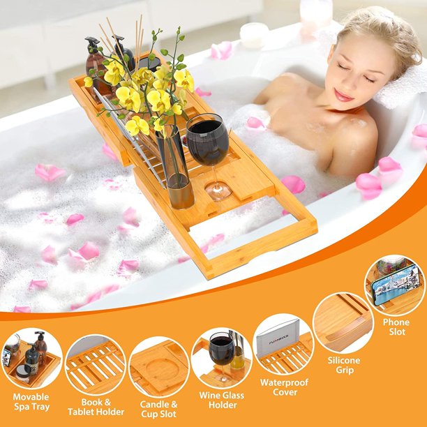 Pipishell Bath Tray Bamboo Bathtub Tray Caddy Expandable Wood Tray with Wine Glass Holder, Reading Holder, and Phone Slot for Bathtubs - Walmart.com