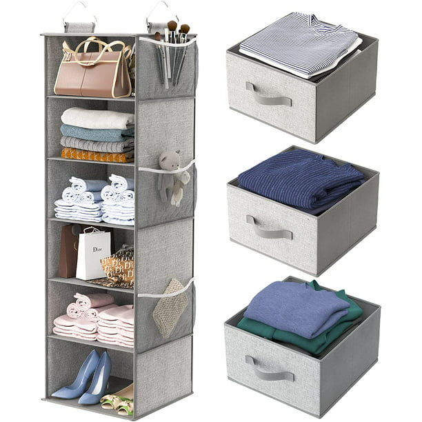 6-Shelf Hanging Closet Organizer with 3 Removable Drawers & Side Pockets Hanging Shelf Organizer for Closet, 11.4''W x 12''D x 43.3''H - Walmart.com