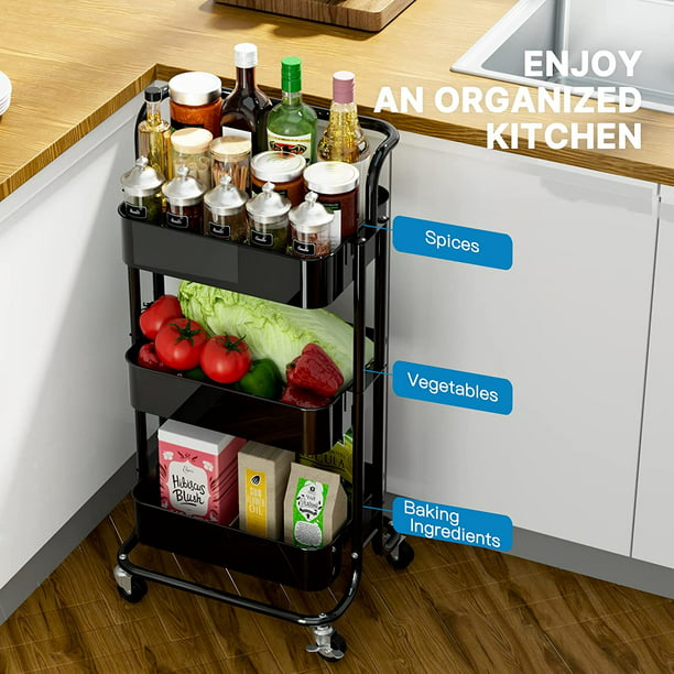 Myfurnideal 3 Tier Mesh Utility Cart Multifunctional Storage Shelves Rolling Metal Organization Cart with Handle and Lockable Wheels for Kitchen, Living Room, Office - Walmart.com