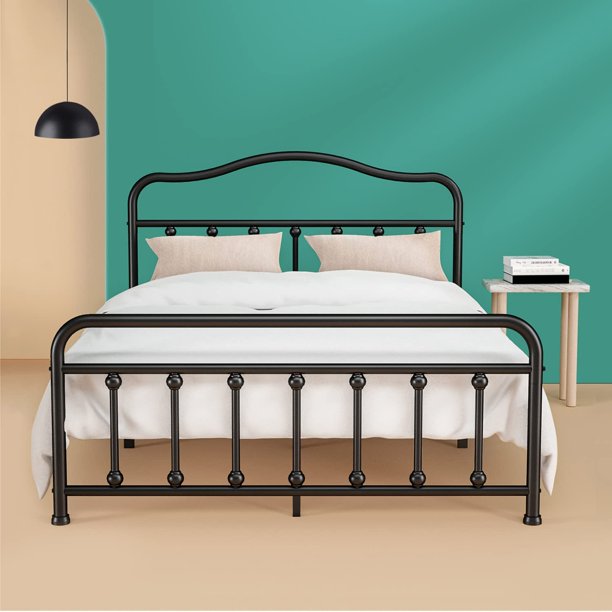 Queen Size Metal Bed Frame No Box Spring Needed Platform Bed Frame with Sturdy Steel Headboard and Footboard, Black - Walmart.com