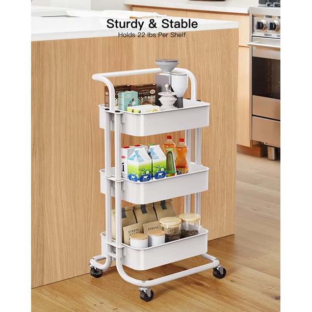 Myfurnideal 3 Tier Mesh Utility Cart Multifunctional Storage Shelves Rolling Metal Organization Cart with Handle and Lockable Wheels for Kitchen, Living Room, Office - Walmart.com
