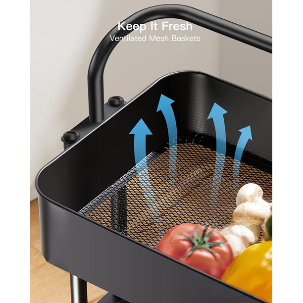 Myfurnideal 3 Tier Mesh Utility Cart Multifunctional Storage Shelves Rolling Metal Organization Cart with Handle and Lockable Wheels for Kitchen, Living Room, Office - Walmart.com