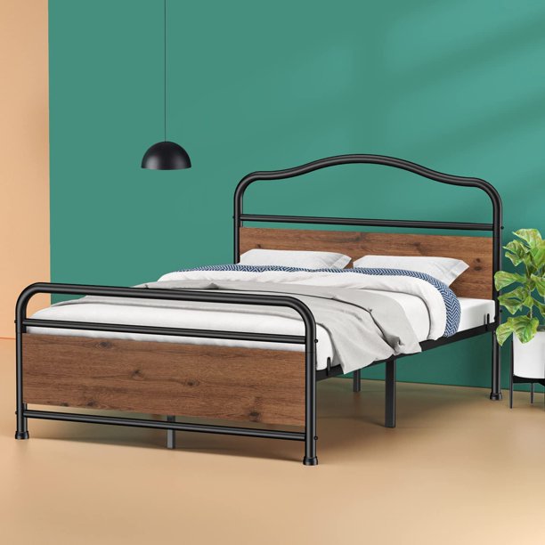 Queen Size Metal Bed Frame No Box Spring Needed Platform Bed Frame with Sturdy Wood Headboard and Footboard, Black - Walmart.com