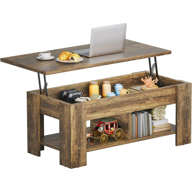 39.4" Lift Top Coffee Table with Storage Compartment and Shelves for Living Room, Vintage Brown - Walmart.com