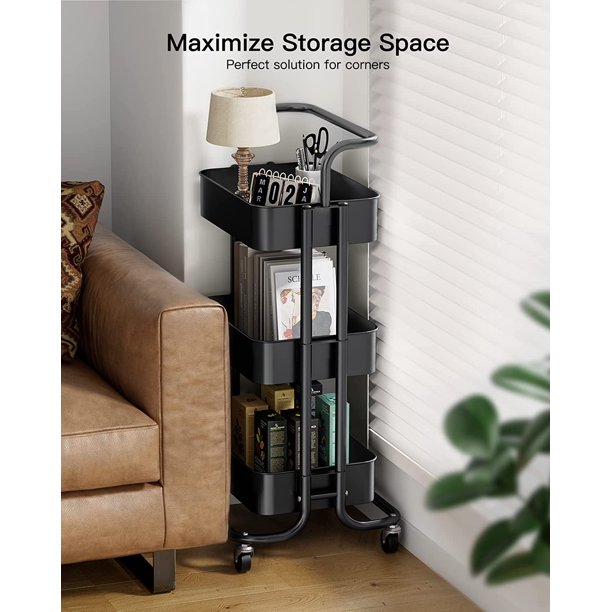 Myfurnideal 3 Tier Mesh Utility Cart Multifunctional Storage Shelves Rolling Metal Organization Cart with Handle and Lockable Wheels for Kitchen, Living Room, Office - Walmart.com