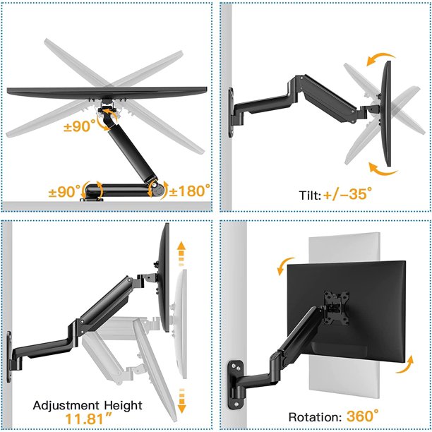 Monitor Wall Mount Bracket for 17 to 32 Inch Screens Adjustable Gas Spring Single Arm Stand, Hold up to 18lbs - Walmart.com