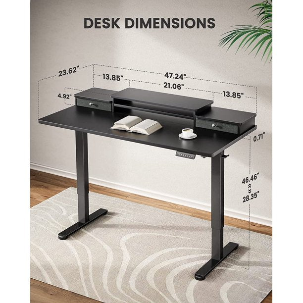 Height Adjustable Electric Standing Desk with Monitor Stand, 2 Drawers and Storage Shelf 48x24 Inches Sit Stand Up Desk, Black - Walmart.com