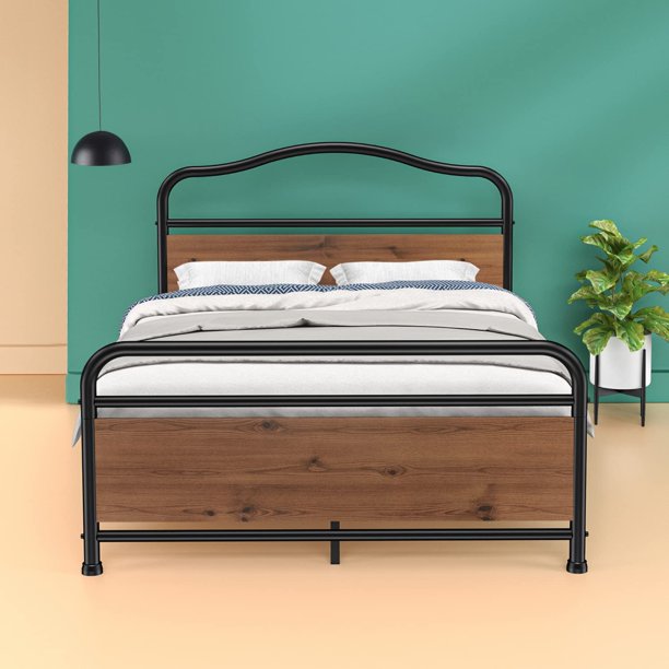 Queen Size Metal Bed Frame No Box Spring Needed Platform Bed Frame with Sturdy Wood Headboard and Footboard, Black - Walmart.com