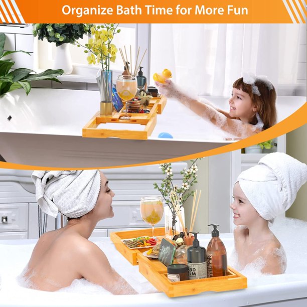 Pipishell Bath Tray Bamboo Bathtub Tray Caddy Expandable Wood Tray with Wine Glass Holder, Reading Holder, and Phone Slot for Bathtubs - Walmart.com