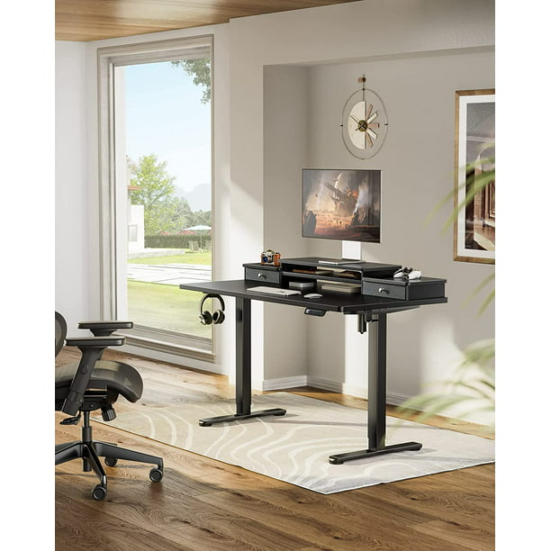 Height Adjustable Electric Standing Desk with Monitor Stand, 2 Drawers and Storage Shelf 55x28 Inches Sit Stand Up Desk, Black - Walmart.com
