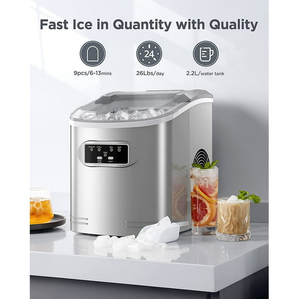 Portable Ice Makers Countertop, 9pcs/6min, 26lbs/24h, w/ 2 Sizes Bullet-Shaped Ice, Self-Cleaning, w/Scoop & Basket for Home, Kitchen, Office, Bar, Party, Silver - Walmart.com