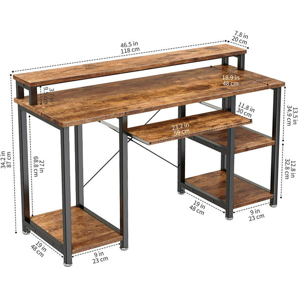 47" Computer Desk with Monitor Stand, Storage Shelves and Keyboard Tray Studying Writing Table for Home Office, Rustic Brown - Walmart.com