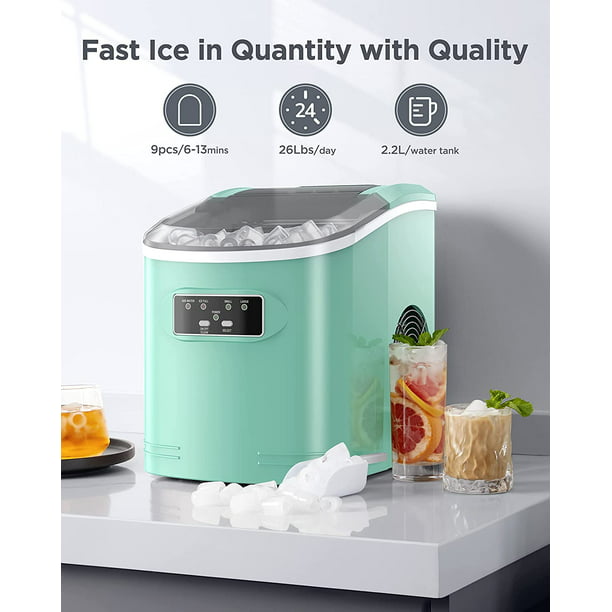 Portable Ice Makers Countertop, 9pcs/6min, 26lbs/24h, w/ 2 Sizes Bullet-Shaped Ice, Self-Cleaning, w/Scoop & Basket for Home, Kitchen, Office, Bar, Party, Green - Walmart.com