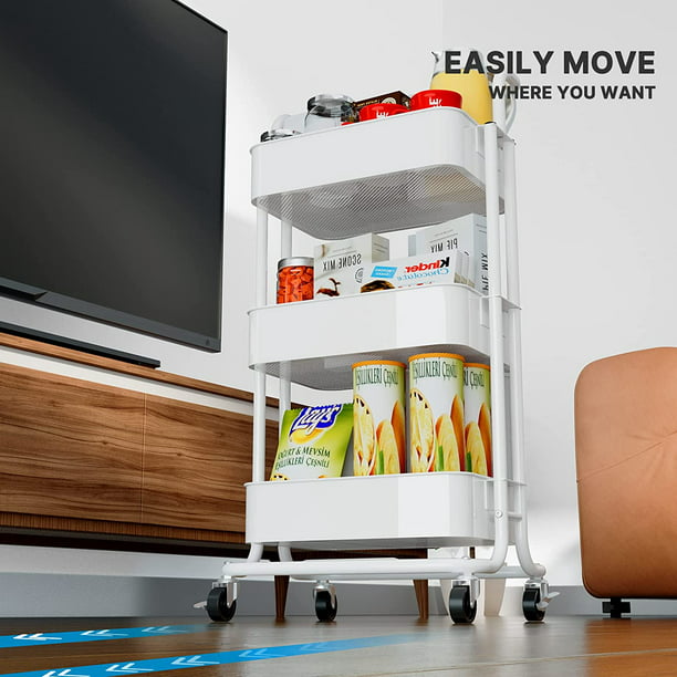 Myfurnideal 3 Tier Mesh Utility Cart Multifunctional Storage Shelves Rolling Metal Organization Cart with Handle and Lockable Wheels for Kitchen, Living Room, Office - Walmart.com
