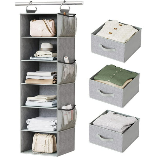 6-Shelf Hanging Closet Organizer Hanging Shelves for Closet with 3 Removable Drawers & Side Pockets, 12'' x 12'' x 43.3'' - Walmart.com