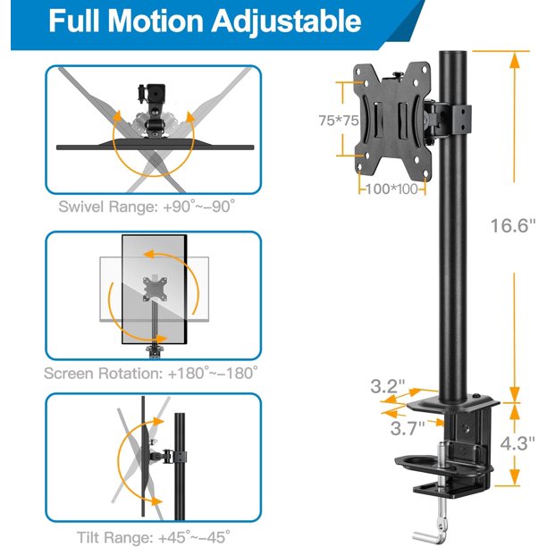 Single Monitor Stand Mount, Height Adjustable Stand Fits 13" to 32" Screen