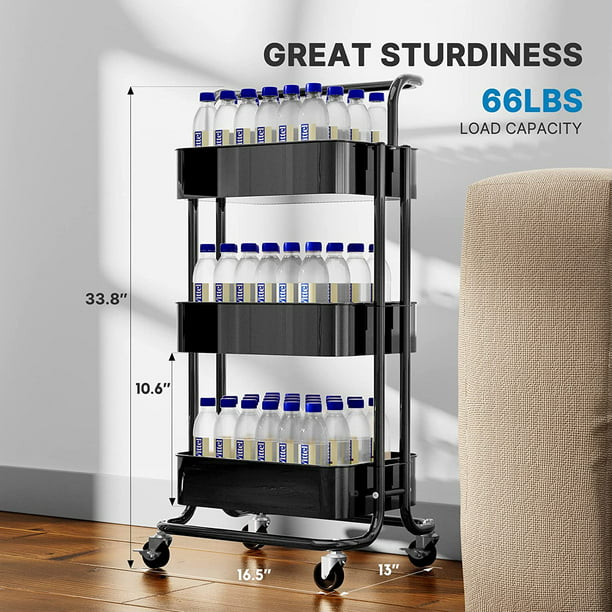 Myfurnideal 3 Tier Mesh Utility Cart Multifunctional Storage Shelves Rolling Metal Organization Cart with Handle and Lockable Wheels for Kitchen, Living Room, Office - Walmart.com