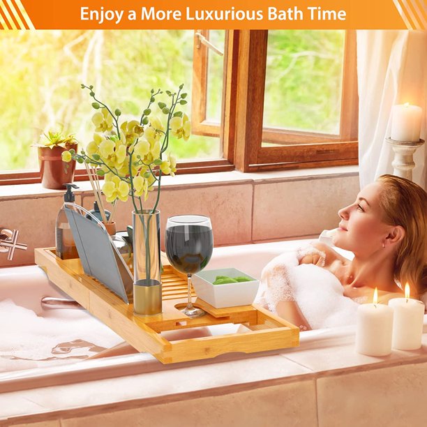 Pipishell Bath Tray Bamboo Bathtub Tray Caddy Expandable Wood Tray with Wine Glass Holder, Reading Holder, and Phone Slot for Bathtubs - Walmart.com