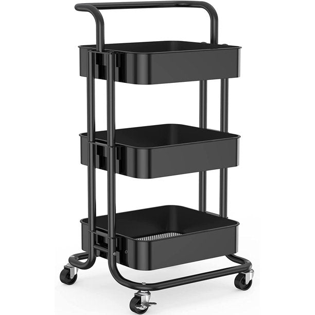Myfurnideal 3 Tier Mesh Utility Cart Multifunctional Storage Shelves Rolling Metal Organization Cart with Handle and Lockable Wheels for Kitchen, Living Room, Office - Walmart.com