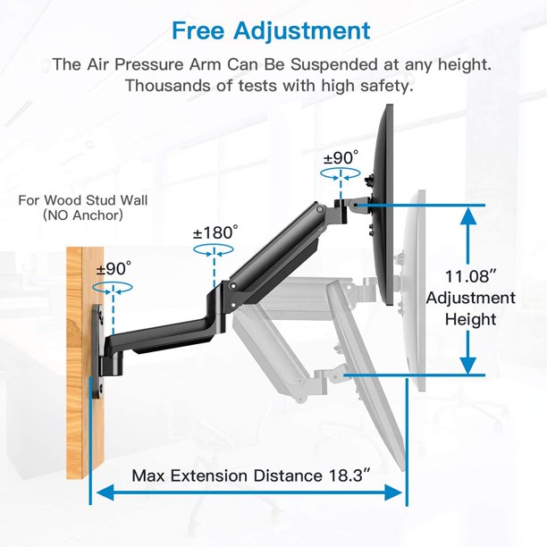 Monitor Wall Mount Bracket for 17 to 32 Inch Screens Adjustable Gas Spring Single Arm Stand, Hold up to 18lbs - Walmart.com
