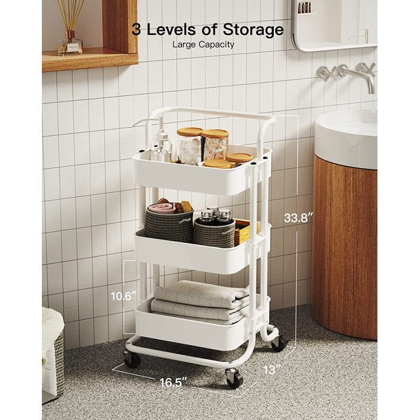 Myfurnideal 3 Tier Mesh Utility Cart Multifunctional Storage Shelves Rolling Metal Organization Cart with Handle and Lockable Wheels for Kitchen, Living Room, Office - Walmart.com