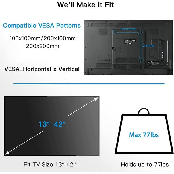Full Motion TV Wall Mount Bracket for Most 13-42 Inches Flat Curved TVs, Weight Capacity Up to 77lbs, Max 200mmX200mm - Walmart.com