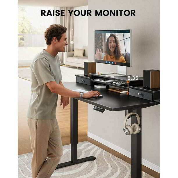 Height Adjustable Electric Standing Desk with Monitor Stand, 2 Drawers and Storage Shelf 55x28 Inches Sit Stand Up Desk, Black - Walmart.com