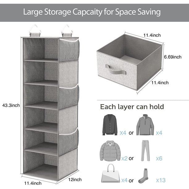 6-Shelf Hanging Closet Organizer with 3 Removable Drawers & Side Pockets Hanging Shelf Organizer for Closet, 11.4''W x 12''D x 43.3''H - Walmart.com