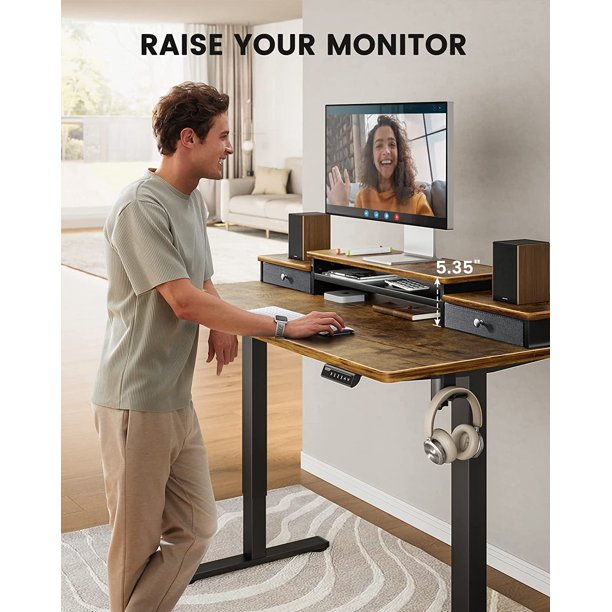 Height Adjustable Electric Standing Desk with Monitor Stand, 2 Drawers and Storage Shelf 55x28 Inches Sit Stand Up Desk, Vintage Brown - Walmart.com