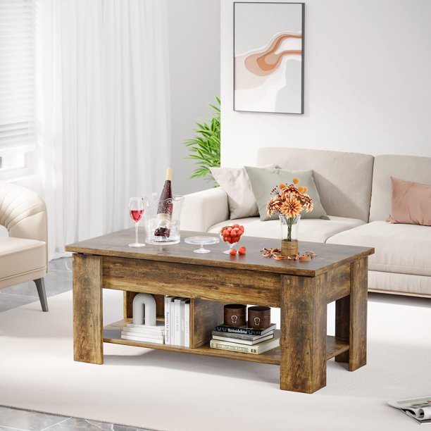 39.4" Lift Top Coffee Table with Storage Compartment and Shelves for Living Room, Vintage Brown - Walmart.com