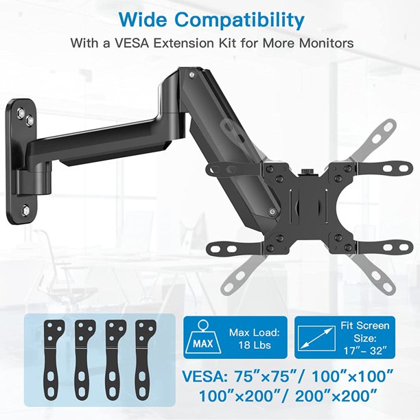 Monitor Wall Mount Bracket for 17 to 32 Inch Screens Adjustable Gas Spring Single Arm Stand, Hold up to 18lbs - Walmart.com