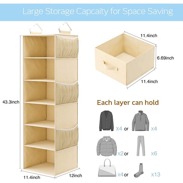 6-Shelf Hanging Closet Organizer with 3 Removable Drawers & Side Pockets Hanging Shelf Organizer for Closet, 11.4''W x 12''D x 43.3''H - Walmart.com