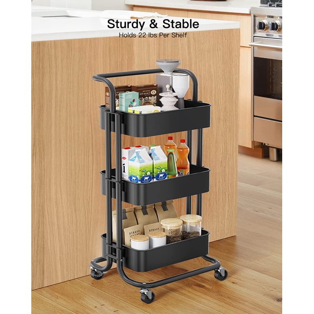 Myfurnideal 3 Tier Mesh Utility Cart Multifunctional Storage Shelves Rolling Metal Organization Cart with Handle and Lockable Wheels for Kitchen, Living Room, Office - Walmart.com