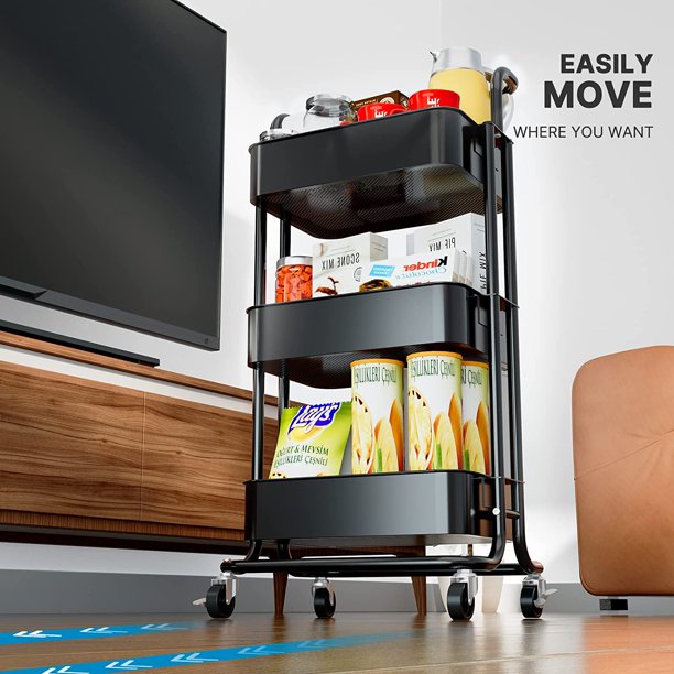 Myfurnideal 3 Tier Mesh Utility Cart Multifunctional Storage Shelves Rolling Metal Organization Cart with Handle and Lockable Wheels for Kitchen, Living Room, Office - Walmart.com
