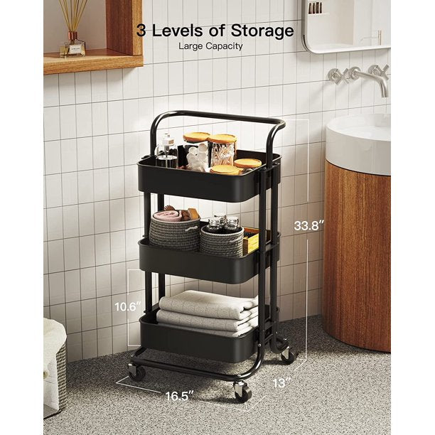 Myfurnideal 3 Tier Mesh Utility Cart Multifunctional Storage Shelves Rolling Metal Organization Cart with Handle and Lockable Wheels for Kitchen, Living Room, Office - Walmart.com