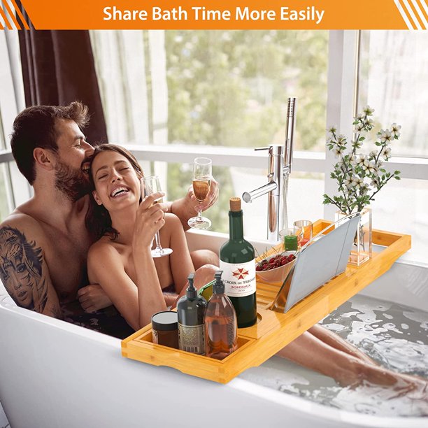 Pipishell Bath Tray Bamboo Bathtub Tray Caddy Expandable Wood Tray with Wine Glass Holder, Reading Holder, and Phone Slot for Bathtubs - Walmart.com