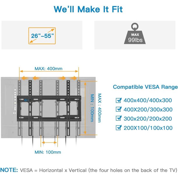 Tilt TV Wall Mount Bracket for Most 23-55 Inch Flat Curved TVs, Max 400x400mm, Holds up to 99lbs - Walmart.com