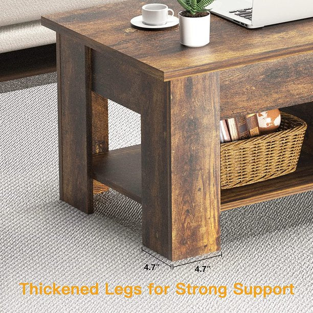 39.4" Lift Top Coffee Table with Storage Compartment and Shelves for Living Room, Vintage Brown - Walmart.com