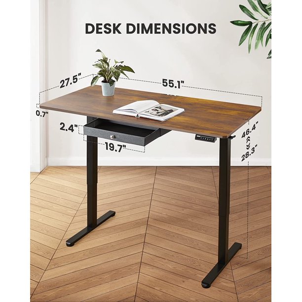 Electric Standing Desk with Drawer Height Adjustable Computer Stand Up Table for Home Office, 55x28 Inches, Vintage Brown - Walmart.com