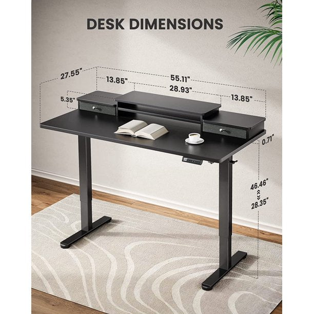 Height Adjustable Electric Standing Desk with Monitor Stand, 2 Drawers and Storage Shelf 55x28 Inches Sit Stand Up Desk, Black - Walmart.com