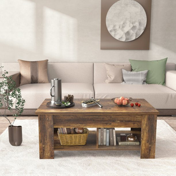 39.4" Lift Top Coffee Table with Storage Compartment and Shelves for Living Room, Vintage Brown - Walmart.com