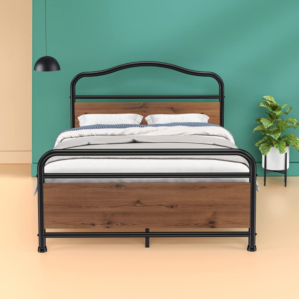 Full Size Metal Bed Frame No Box Spring Needed Platform Bed Frame with Sturdy Wood Headboard and Footboard, Black - Walmart.com