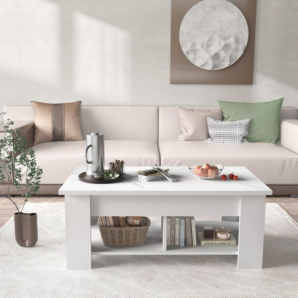 39.4" Lift Top Coffee Table with Storage Compartment and Shelves for Living Room, White - Walmart.com