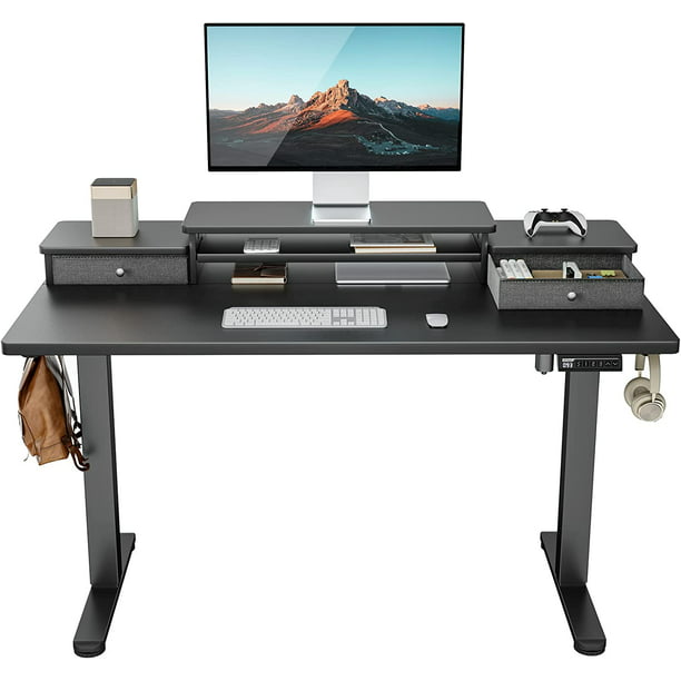 Height Adjustable Electric Standing Desk with Monitor Stand, 2 Drawers and Storage Shelf 55x28 Inches Sit Stand Up Desk, Black - Walmart.com