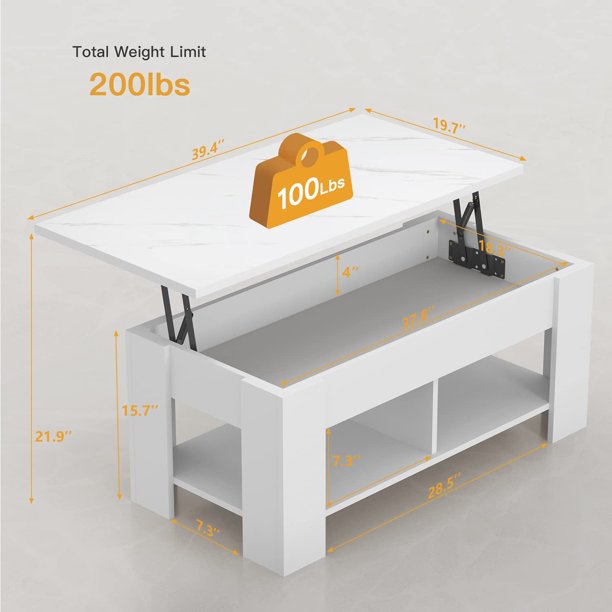 39.4" Lift Top Coffee Table with Storage Compartment and Shelves for Living Room, White - Walmart.com