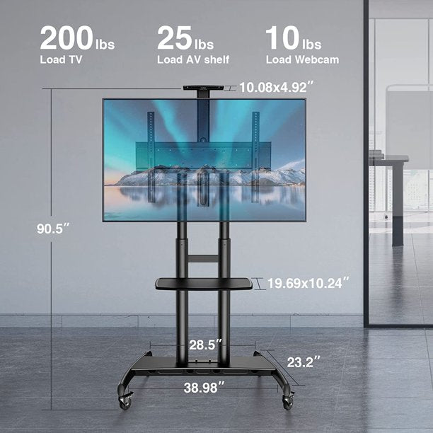 Mobile TV Cart with Height Adjustable AV Shelf Rolling Floor TV Stand for 55-90 Inch Flat TV, Holds up to 200Lbs, Max 800x500mm - Walmart.com