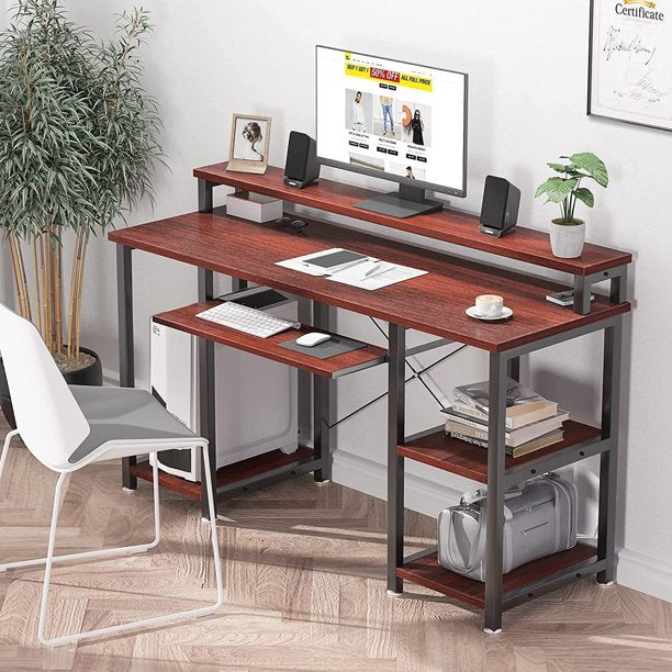 47" Computer Desk with Monitor Stand, Storage Shelves and Keyboard Tray Studying Writing Table for Home Office, Cherry - Walmart.com