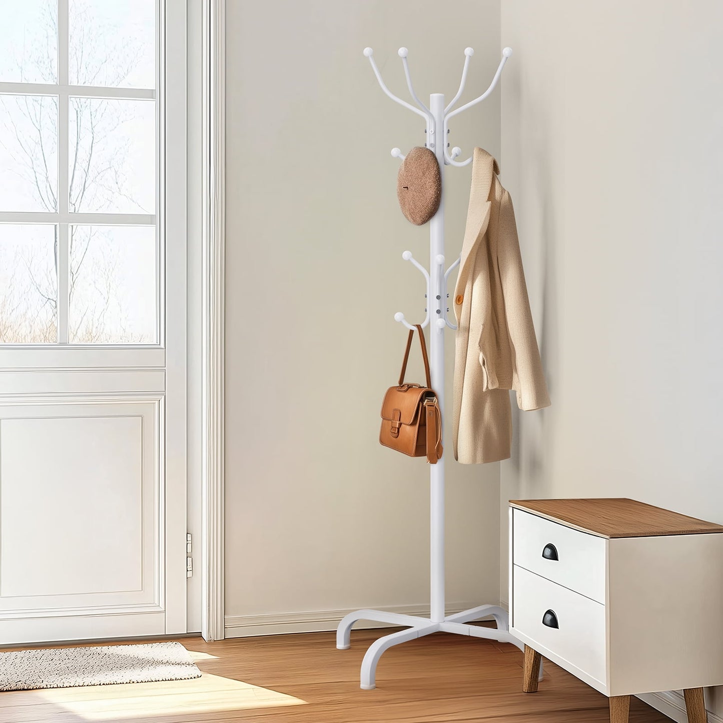 CHITOOMA 14 Hooks Coat Rack Stand Metal Storage Rack Floor Hat Clothing Display Stand, White