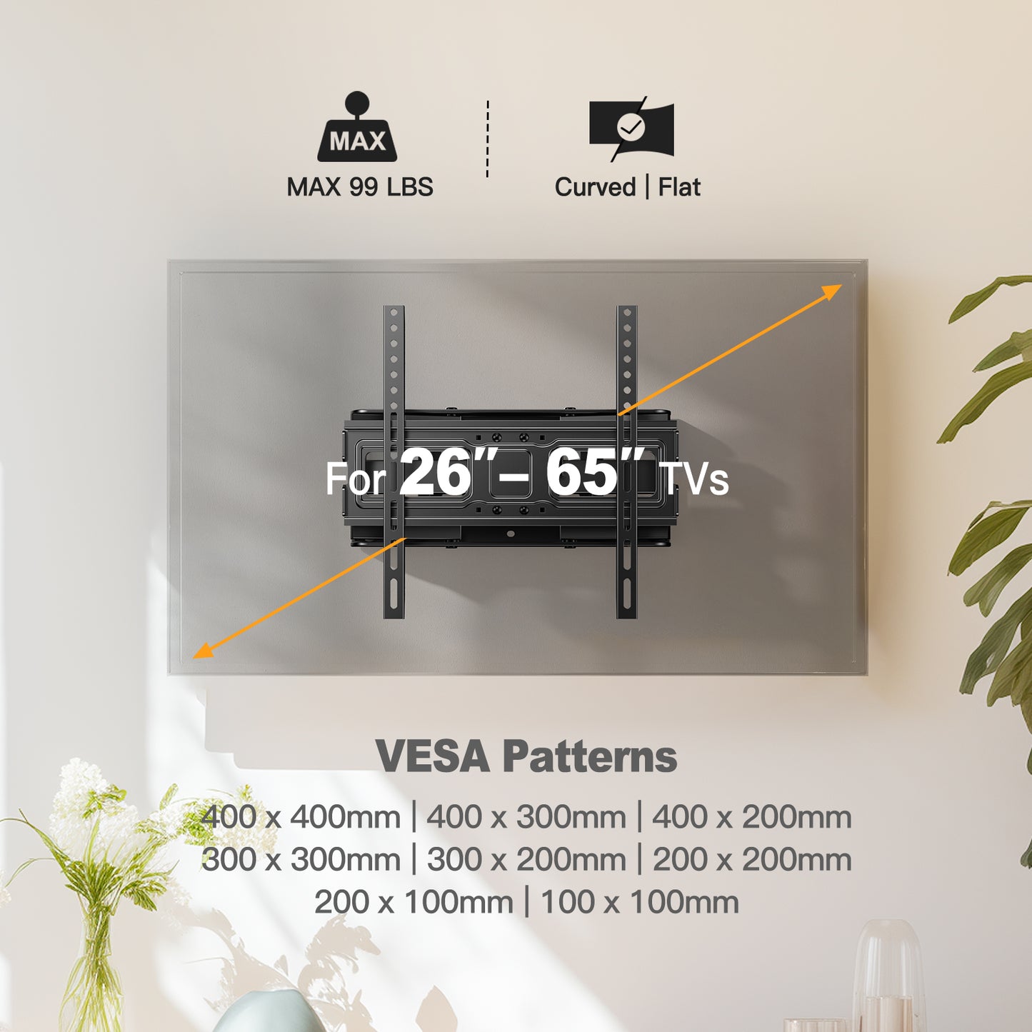 Full Motion TV Mount for 26-55" TVs with Swivel Tilt Extension Leveling Max Hole 400x400mm & 99lbs