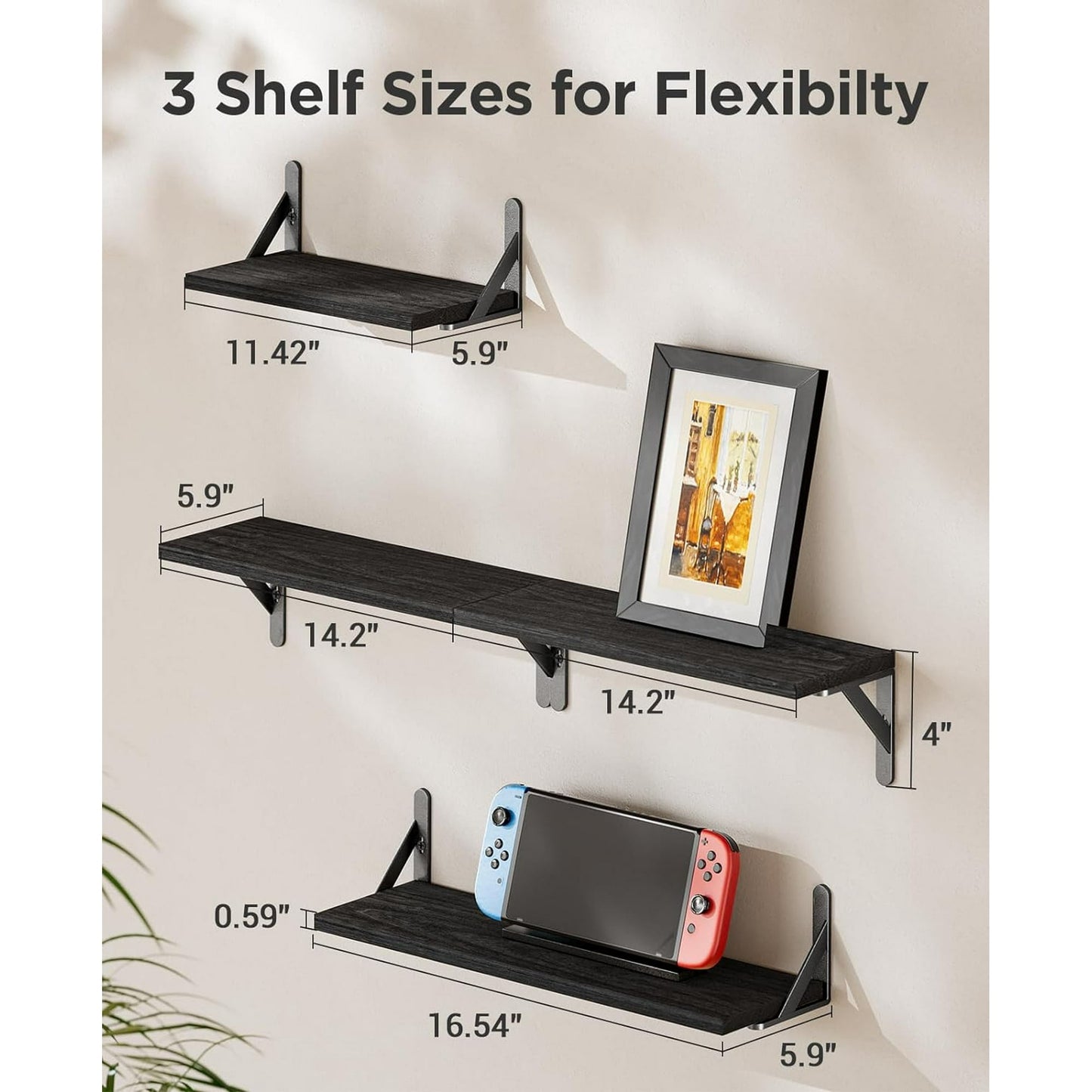 Floating Shelves Wall Mounted Set of 4, Wood Shelves for Wall Decor, Rustic Storage Shelf, Wall Shelves for Bedroom, Bathroom, Living Room, Kitchen, Office（Black）
